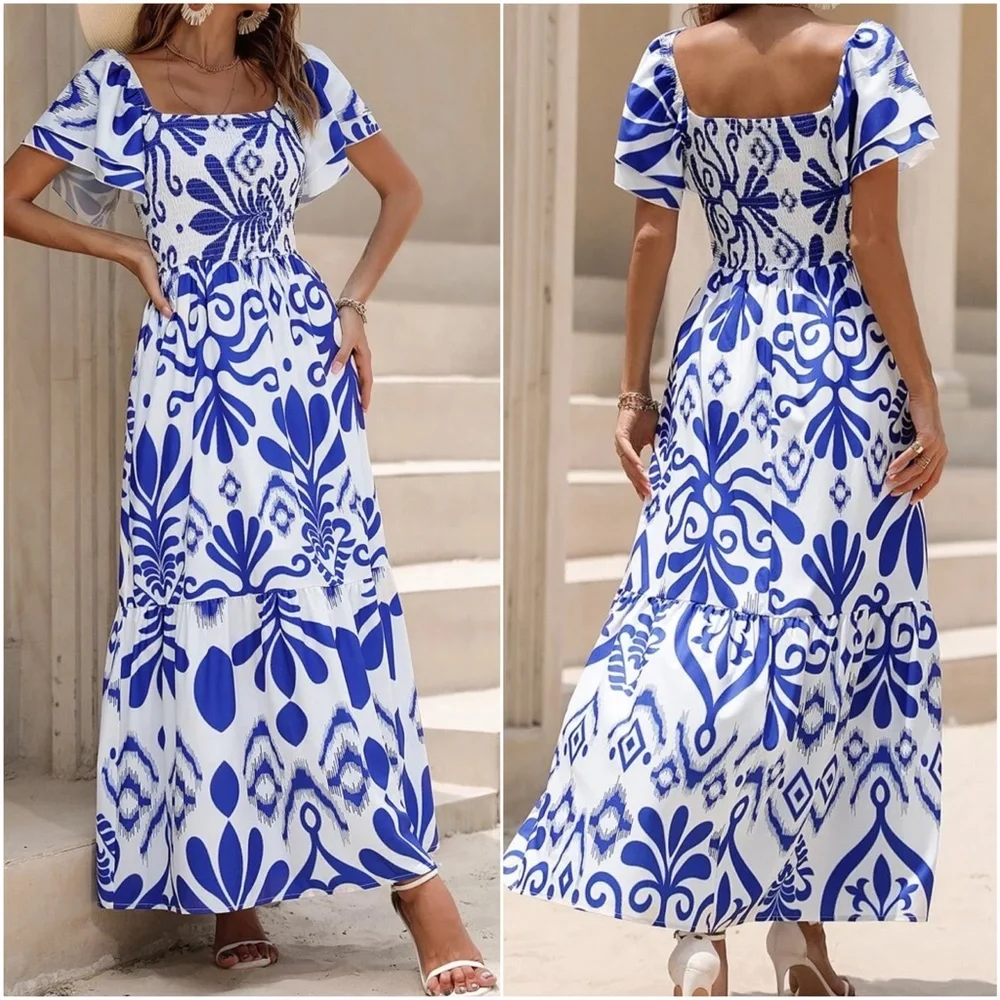 Boho Floral Print Shirred Butterfly Sleeve Dress - Picture 1 of 7